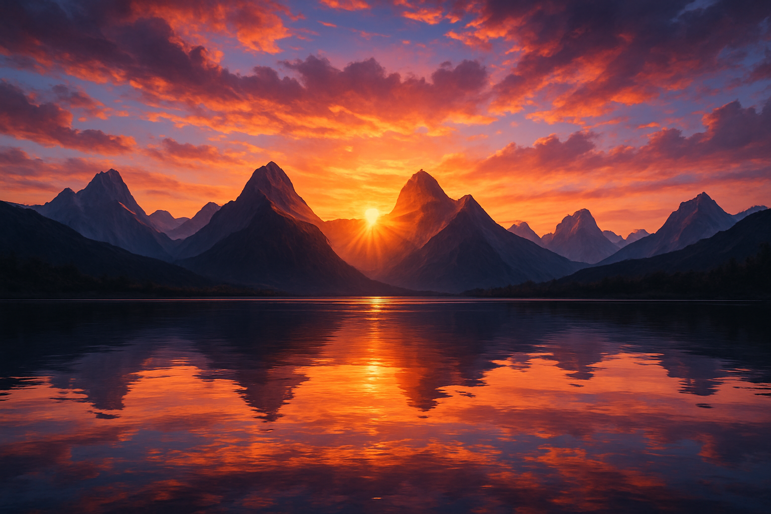 mountains with a sunset and the water